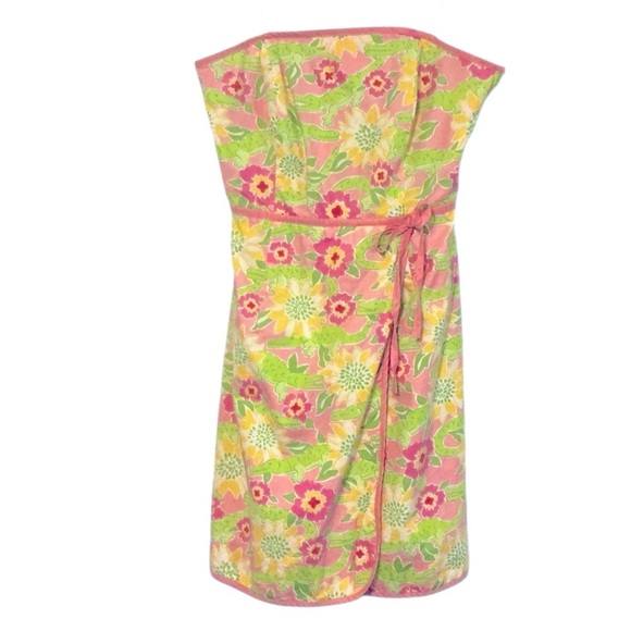 Lilly Pulitzer Bowen Gator Patch Print Cotton Poplin Lace Strapless Dress size 4 - Picture 8 of 11